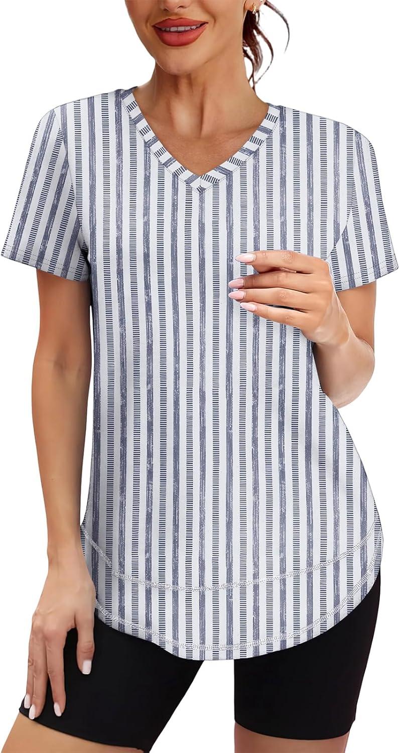 image:imageXIEERDUO Womens Workout Tops Short Sleeve Shirts Sun Protection UPF 50 Quick Dry Outfits for Hiking Running V Neck S3XL21 Striped Print Blue