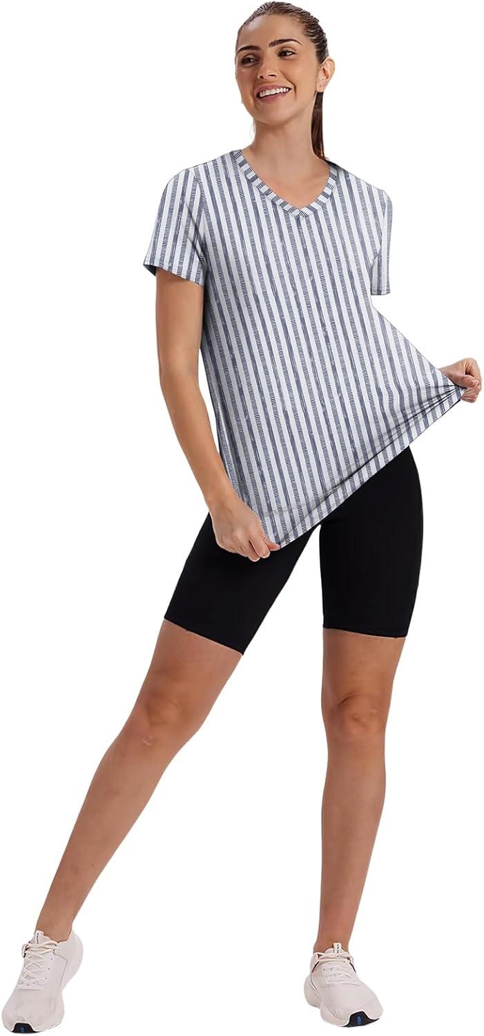 image:imageXIEERDUO Womens Workout Tops Short Sleeve Shirts Sun Protection UPF 50 Quick Dry Outfits for Hiking Running V Neck S3XL21 Striped Print Blue