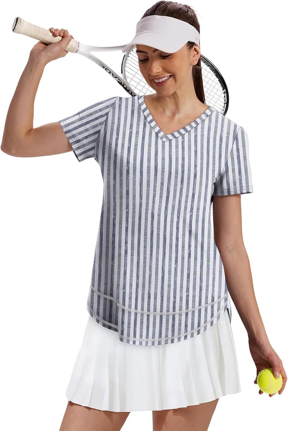 image:imageXIEERDUO Womens Workout Tops Short Sleeve Shirts Sun Protection UPF 50 Quick Dry Outfits for Hiking Running V Neck S3XL21 Striped Print Blue