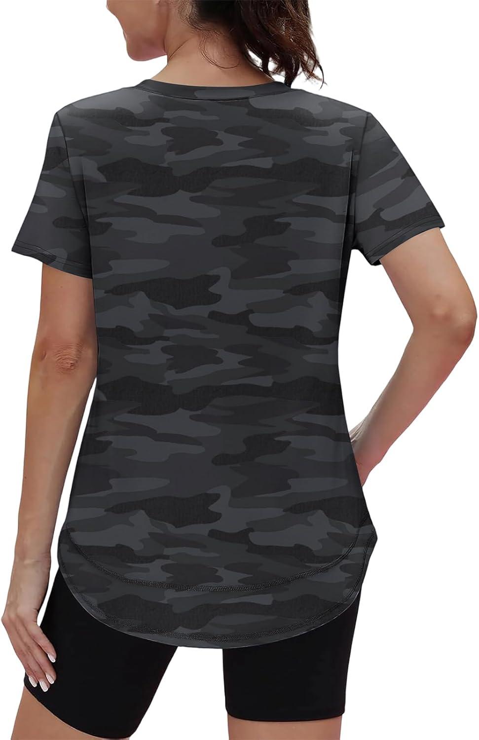 image:imageXIEERDUO Womens Workout Tops Short Sleeve Shirts Sun Protection UPF 50 Quick Dry Outfits for Hiking Running V Neck S3XL22 Camo Print Black