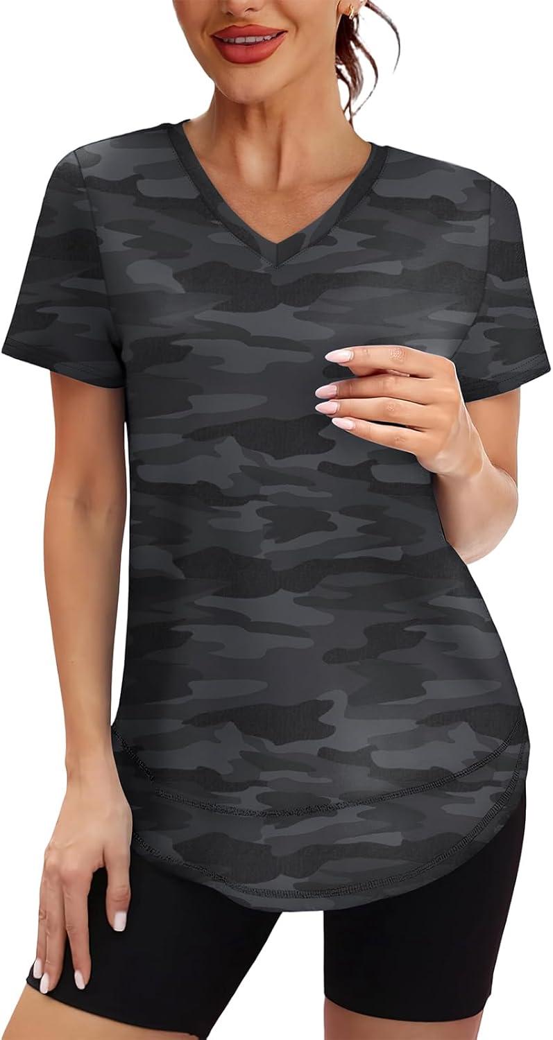 image:imageXIEERDUO Womens Workout Tops Short Sleeve Shirts Sun Protection UPF 50 Quick Dry Outfits for Hiking Running V Neck S3XL22 Camo Print Black