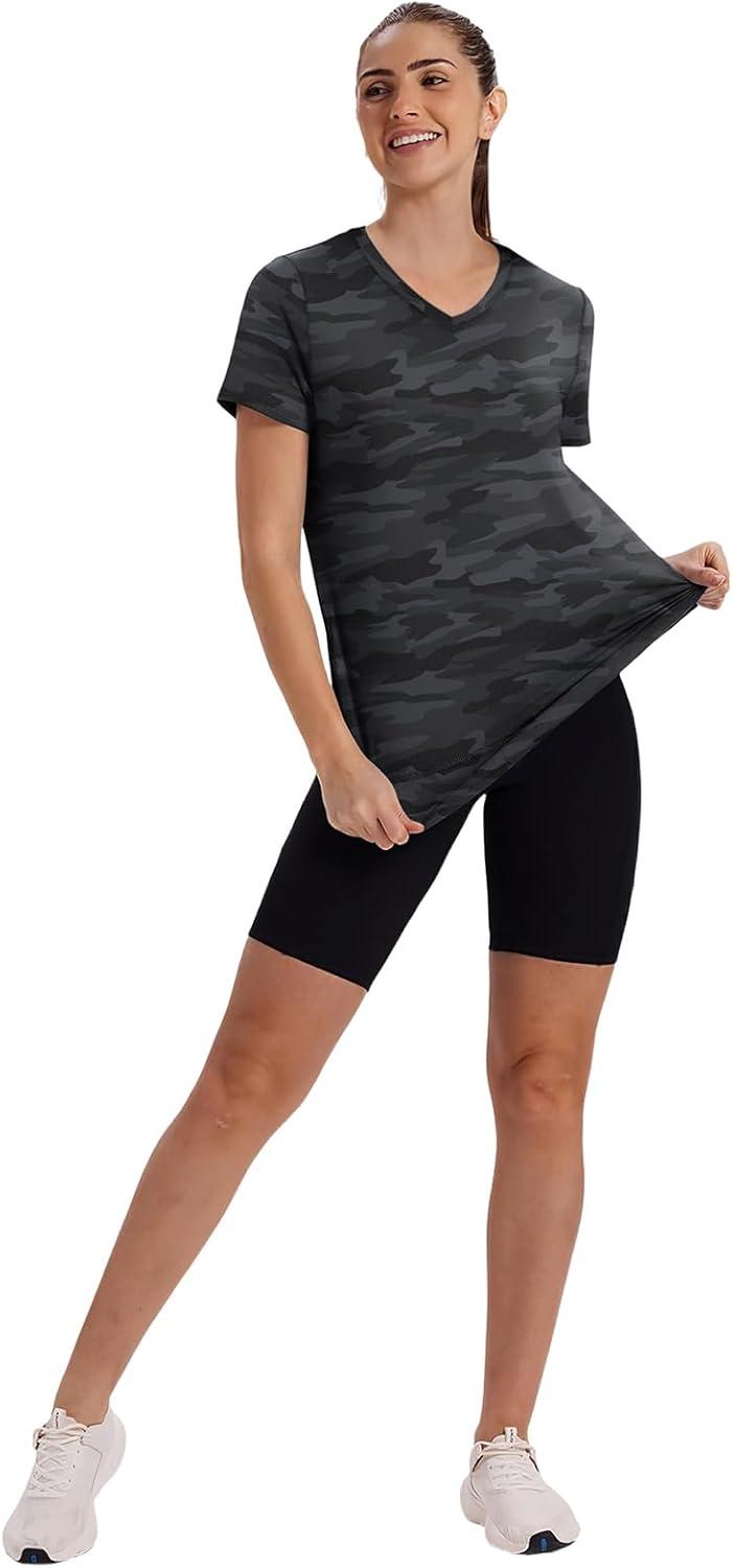 image:imageXIEERDUO Womens Workout Tops Short Sleeve Shirts Sun Protection UPF 50 Quick Dry Outfits for Hiking Running V Neck S3XL22 Camo Print Black