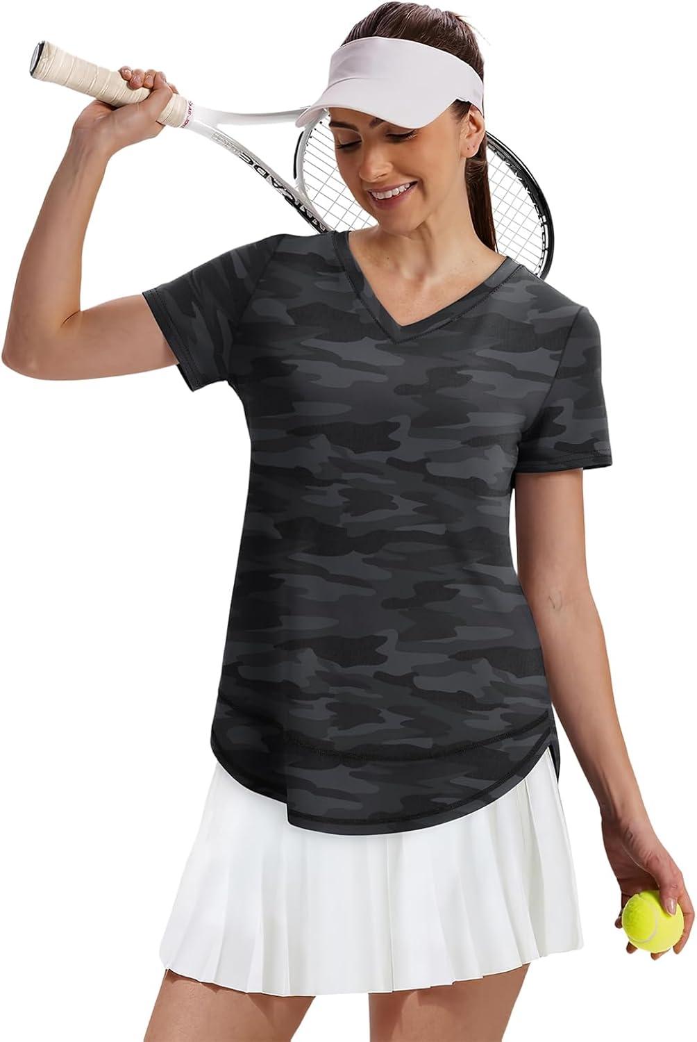 image:imageXIEERDUO Womens Workout Tops Short Sleeve Shirts Sun Protection UPF 50 Quick Dry Outfits for Hiking Running V Neck S3XL22 Camo Print Black