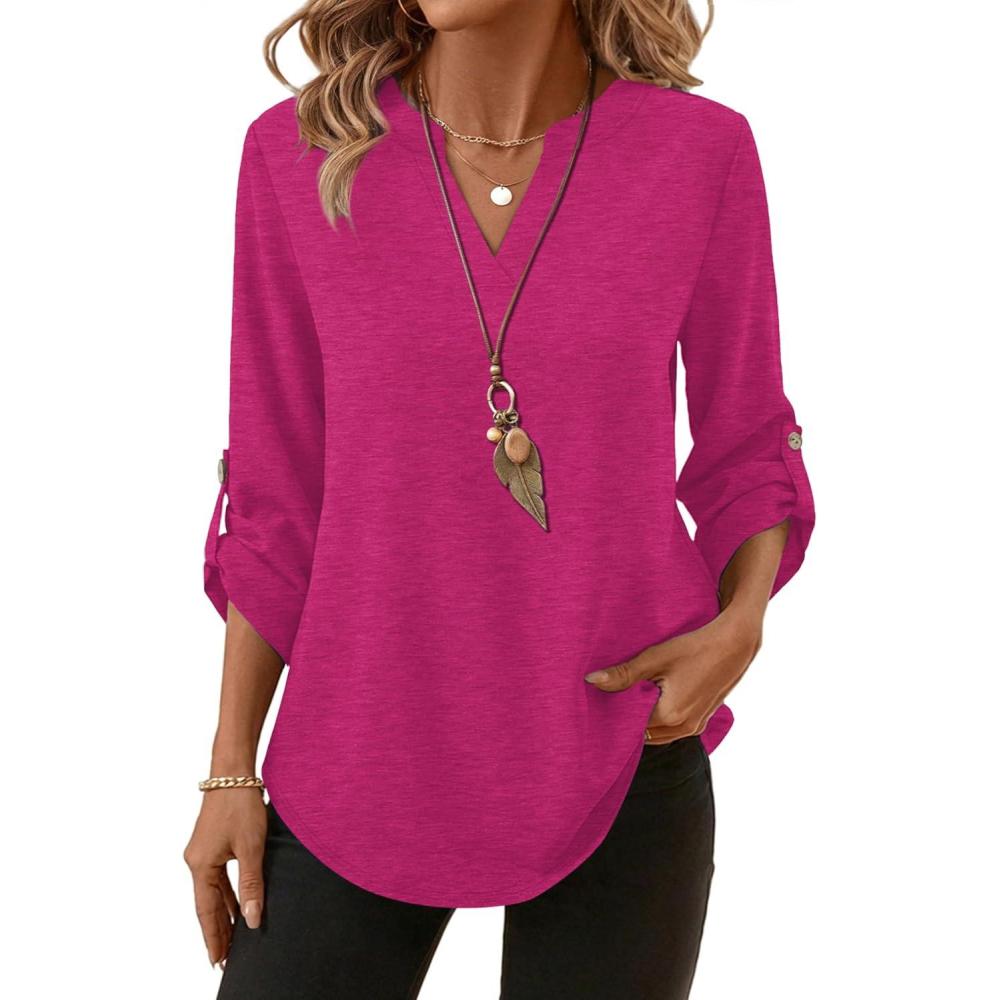 image:imageXIEERDUO 34 Length Sleeve Womens Tops V Neck T Shirts Both Side Buttons Blouses Business Casual Outfits Loose FitHot Pink