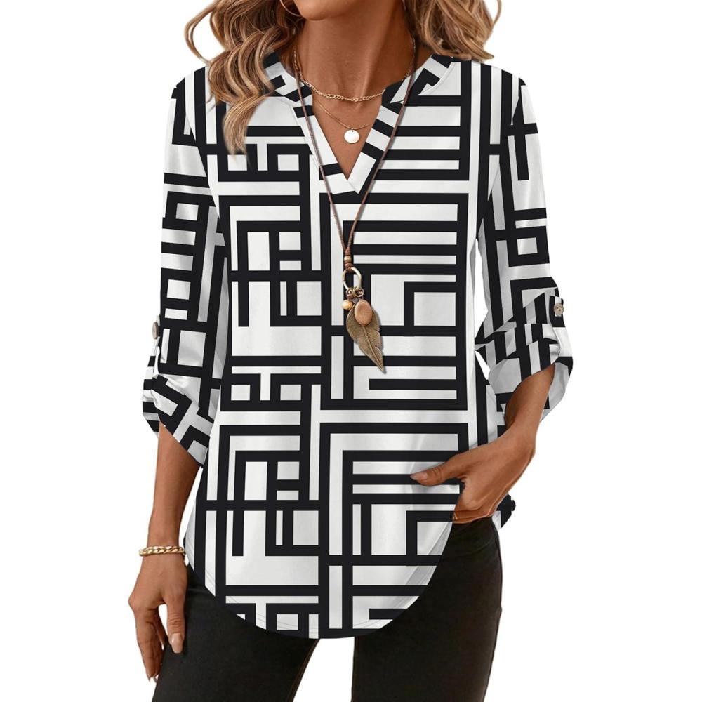 image:imageXIEERDUO 34 Length Sleeve Womens Tops V Neck T Shirts Both Side Buttons Blouses Business Casual Outfits Loose FitZ Black Stripe