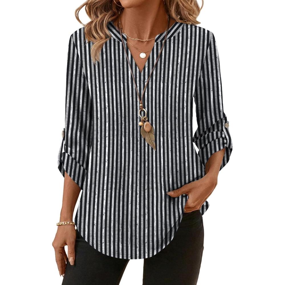 image:imageXIEERDUO 34 Length Sleeve Womens Tops V Neck T Shirts Both Side Buttons Blouses Business Casual Outfits Loose FitZ Black White Gray