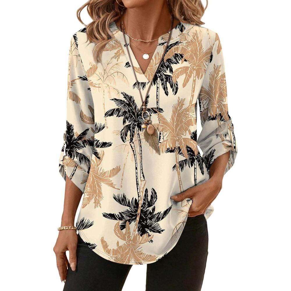 image:imageXIEERDUO 34 Length Sleeve Womens Tops V Neck T Shirts Both Side Buttons Blouses Business Casual Outfits Loose FitZ Kahki Print