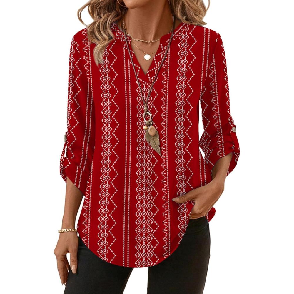 image:imageXIEERDUO 34 Length Sleeve Womens Tops V Neck T Shirts Both Side Buttons Blouses Business Casual Outfits Loose FitZ Red Printed
