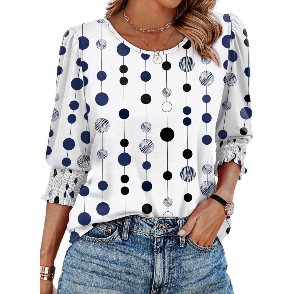 image:imageXIEERDUO Blouses for Women Dressy Casual 34 Length Sleeve Womens Tops with Smocked CuffsPolka Dot Print