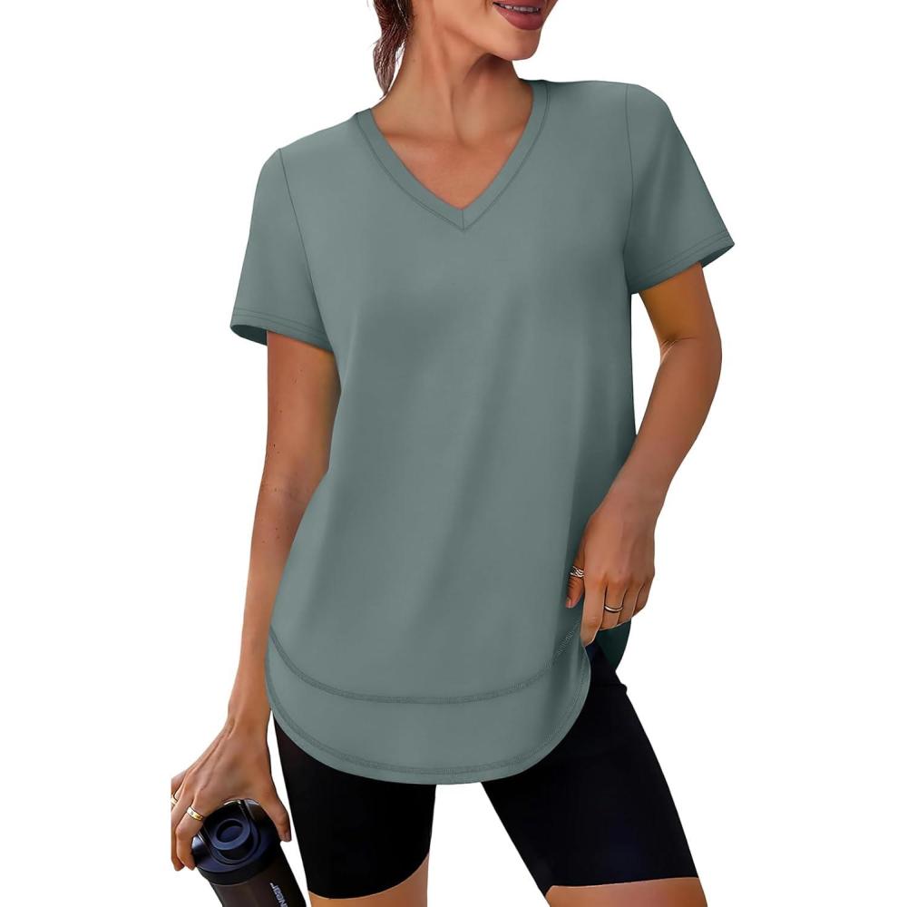 image:imageXIEERDUO Womens Workout Tops Short Sleeve Shirts Sun Protection UPF 50 Quick Dry Outfits for Hiking Running V Neck S3XL14 Grey Green