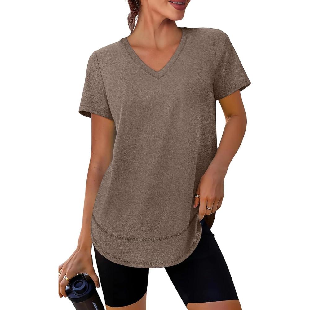image:imageXIEERDUO Womens Workout Tops Short Sleeve Shirts Sun Protection UPF 50 Quick Dry Outfits for Hiking Running V Neck S3XL16 Brown