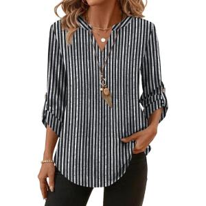 XIEERDUO 3/4 Length Sleeve Womens Tops V Neck T Shirts Both Side Buttons Blouses Business Casual Outfits Loose Fit(Z Black White Gray)