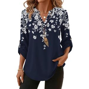 XIEERDUO 3/4 Length Sleeve Womens Tops V Neck T Shirts Both Side Buttons Blouses Business Casual Outfits Loose Fit(Z Navy Printed)