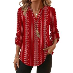 XIEERDUO 3/4 Length Sleeve Womens Tops V Neck T Shirts Both Side Buttons Blouses Business Casual Outfits Loose Fit(Z Red Printed)