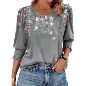 XIEERDUO Blouses for Women Dressy Casual 3/4 Length Sleeve Womens Tops with Smocked Cuffs(Floral Grey)
