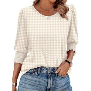 XIEERDUO Blouses for Women Dressy Casual 3/4 Length Sleeve Womens Tops with Smocked Cuffs(Khaki Grid)