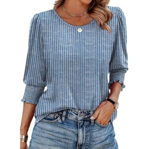 XIEERDUO Blouses for Women Dressy Casual 3/4 Length Sleeve Womens Tops with Smocked Cuffs(Stripe Blue)