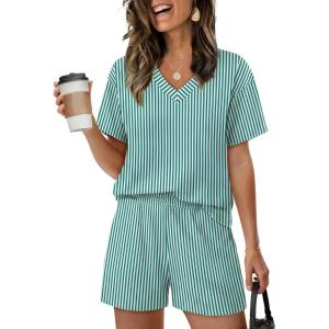XIEERDUO Lounge Sets for Women Shorts Lightweight Summer Pajamas Set Sleepwear 2 Piece Sets Airport Vacation Outfits(Green Stripes)