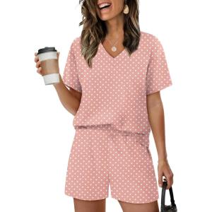 XIEERDUO Lounge Sets for Women Shorts Lightweight Summer Pajamas Set Sleepwear 2 Piece Sets Airport Vacation Outfits(Pink Spots)