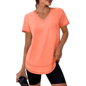 XIEERDUO Womens Workout Tops Short Sleeve Shirts Sun Protection UPF 50+ Quick Dry Outfits for Hiking Running V Neck S-3XL(15 Light Orange)