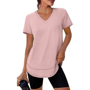 XIEERDUO Womens Workout Tops Short Sleeve Shirts Sun Protection UPF 50+ Quick Dry Outfits for Hiking Running V Neck S-3XL(17 Peach Pink)