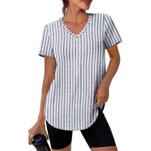 XIEERDUO Womens Workout Tops Short Sleeve Shirts Sun Protection UPF 50+ Quick Dry Outfits for Hiking Running V Neck S-3XL(21 Striped Print Blue)