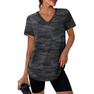 XIEERDUO Womens Workout Tops Short Sleeve Shirts Sun Protection UPF 50+ Quick Dry Outfits for Hiking Running V Neck S-3XL(22 Camo Print Black)