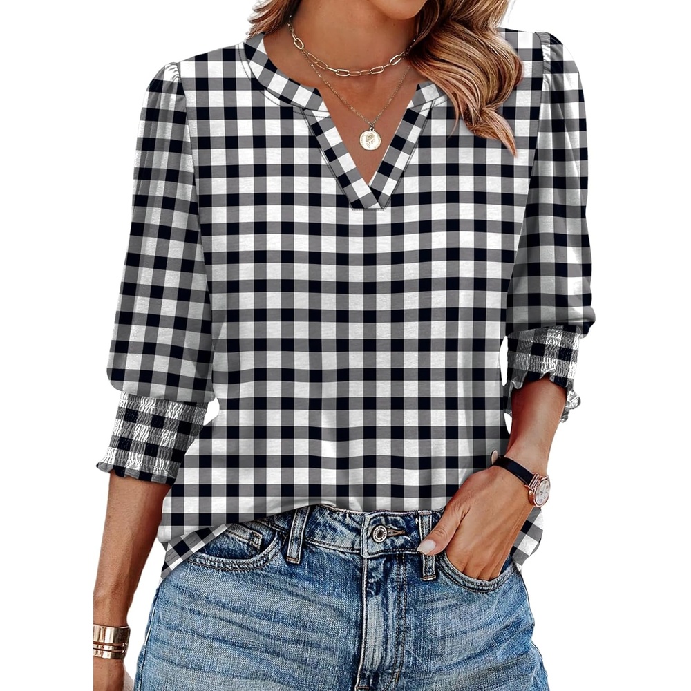 image:imageXIEERDUO Blouses for Women Dressy Casual 34 Length Sleeve Womens Tops V Neck T Shirts with Smocked CuffsBlack Grid