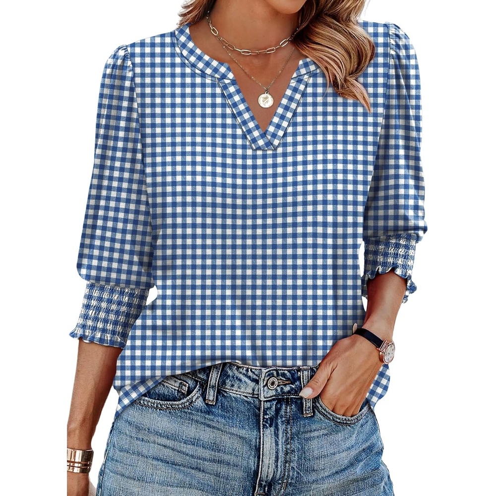 image:imageXIEERDUO Blouses for Women Dressy Casual 34 Length Sleeve Womens Tops V Neck T Shirts with Smocked CuffsBlue Stripes