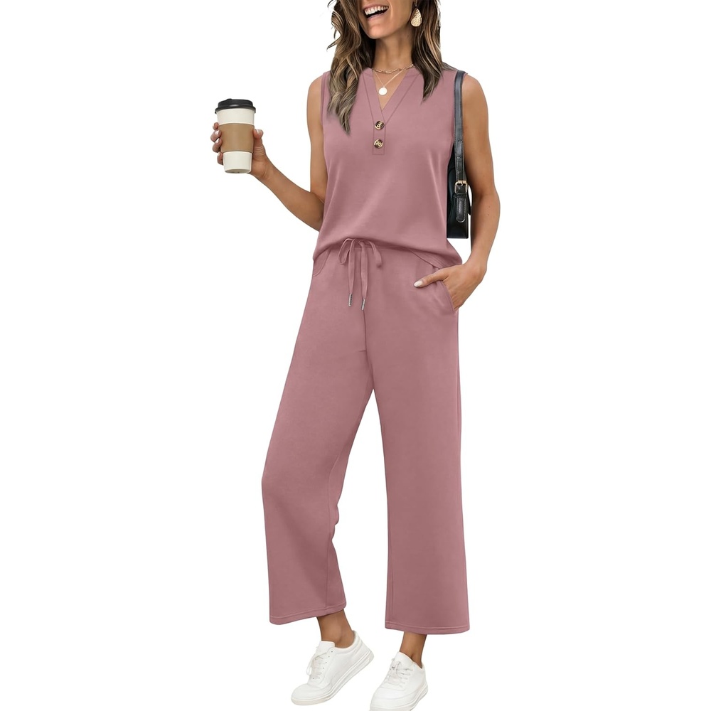 image:imageXIEERDUO Two Piece Lounge Sets for Women Summer Vacation Beach Travel Airport Outfits Casual Cruise Fashion 2026Dark Pink