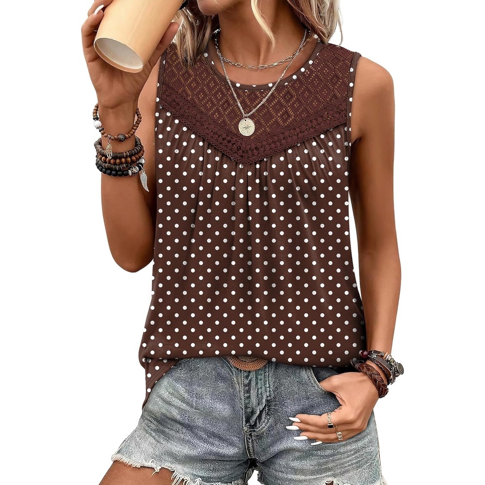 image:imageXIEERDUO Womens Tank Tops Sleeveless Lace Crochet Boho Tops Loose Fit Pleated Tunics Crewneck Summer Vacation Outfits FlowyBrown Polka Dots
