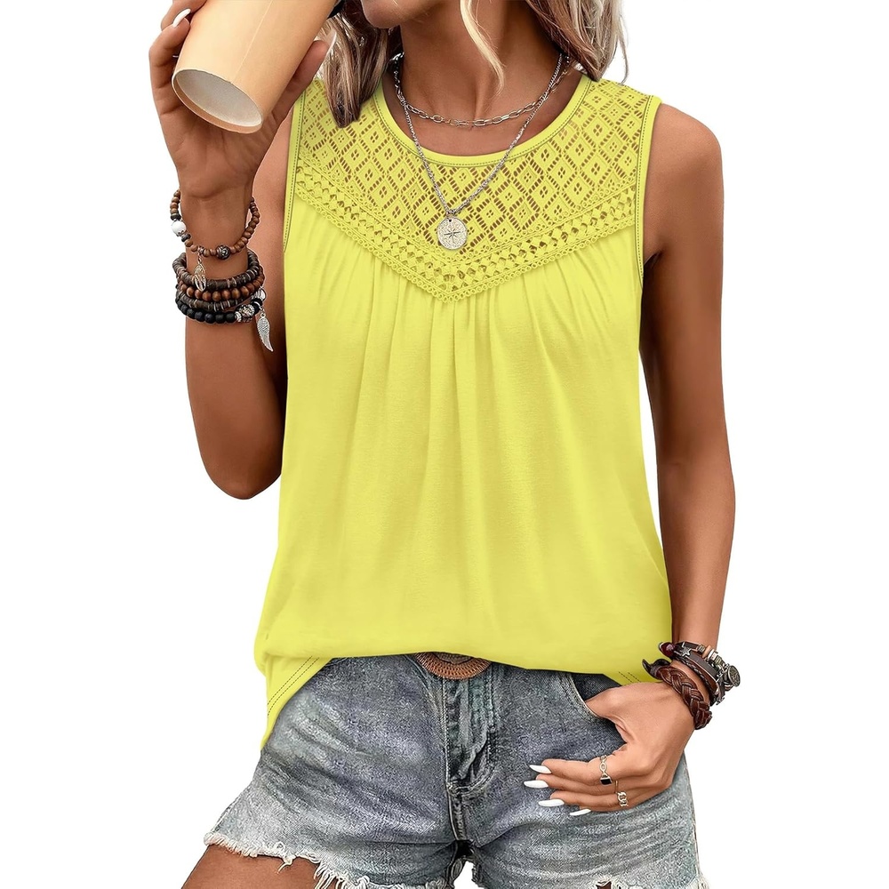 image:imageXIEERDUO Womens Tank Tops Sleeveless Lace Crochet Boho Tops Loose Fit Pleated Tunics Crewneck Summer Vacation Outfits FlowyButter Yellow