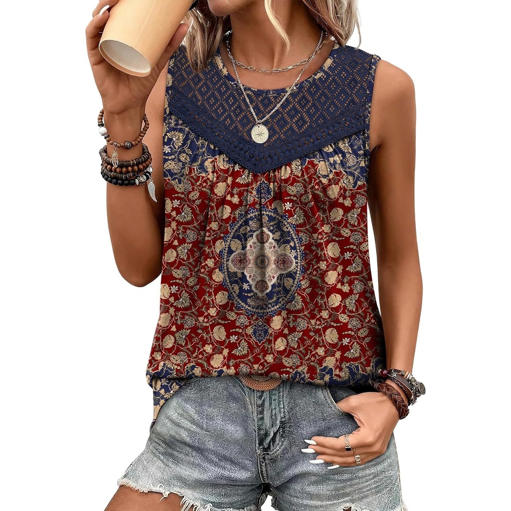 image:imageXIEERDUO Womens Tank Tops Sleeveless Lace Crochet Boho Tops Loose Fit Pleated Tunics Crewneck Summer Vacation Outfits FlowyPatternedboho Floral