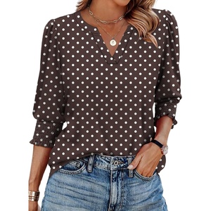 XIEERDUO Blouses for Women Dressy Casual 3/4 Length Sleeve Womens Tops V Neck T Shirts with Smocked Cuffs(Brown Dot)