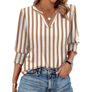 XIEERDUO Blouses for Women Dressy Casual 3/4 Length Sleeve Womens Tops V Neck T Shirts with Smocked Cuffs(Brown Stripes)