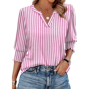 XIEERDUO Blouses for Women Dressy Casual 3/4 Length Sleeve Womens Tops V Neck T Shirts with Smocked Cuffs(Pink Stripes)