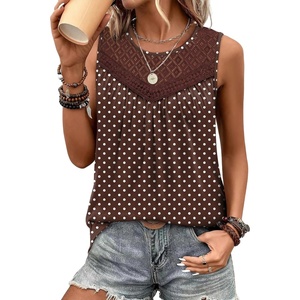XIEERDUO Womens Tank Tops Sleeveless Lace Crochet Boho Tops Loose Fit Pleated Tunics Crewneck Summer Vacation Outfits Flowy(Brown Polka Dots)