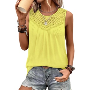 XIEERDUO Womens Tank Tops Sleeveless Lace Crochet Boho Tops Loose Fit Pleated Tunics Crewneck Summer Vacation Outfits Flowy(Butter Yellow)