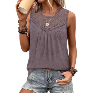 XIEERDUO Womens Tank Tops Sleeveless Lace Crochet Boho Tops Loose Fit Pleated Tunics Crewneck Summer Vacation Outfits Flowy(Coffee Grey)