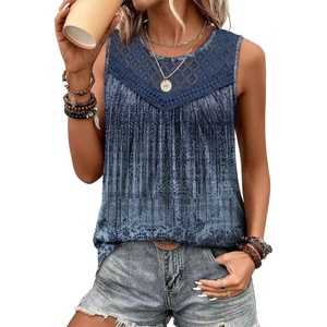 XIEERDUO Womens Tank Tops Sleeveless Lace Crochet Boho Tops Loose Fit Pleated Tunics Crewneck Summer Vacation Outfits Flowy(Patterned-blue Gradient)
