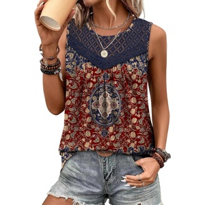XIEERDUO Womens Tank Tops Sleeveless Lace Crochet Boho Tops Loose Fit Pleated Tunics Crewneck Summer Vacation Outfits Flowy(Patterned-boho Floral)