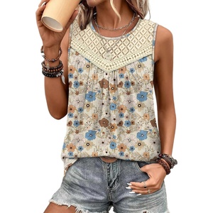 XIEERDUO Womens Tank Tops Sleeveless Lace Crochet Boho Tops Loose Fit Pleated Tunics Crewneck Summer Vacation Outfits Flowy(Patterned-flower)