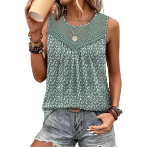 XIEERDUO Womens Tank Tops Sleeveless Lace Crochet Boho Tops Loose Fit Pleated Tunics Crewneck Summer Vacation Outfits Flowy(Patterned-green Floral)